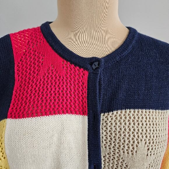 Breckenridge Americana Patriotic Red Blue Color Block Button Front Cardigan L - Picture 7 of 11